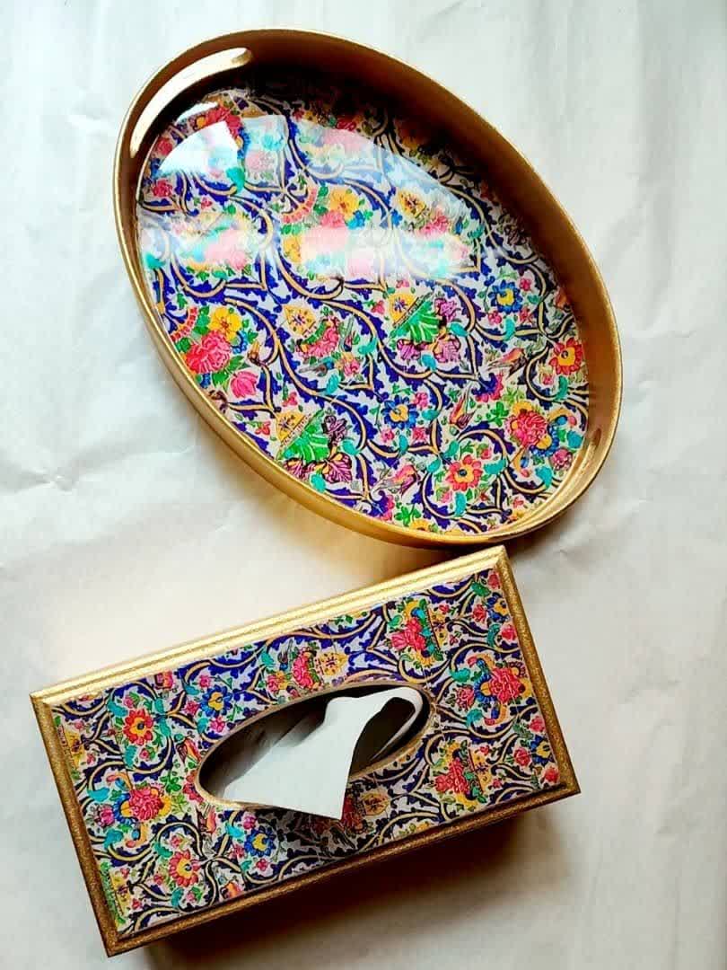 ست سینی و جعبه دستمال مدل کاشی