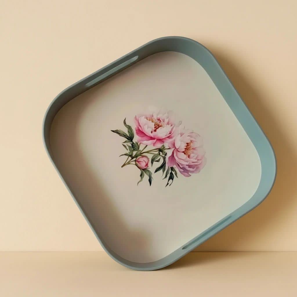 سینی مربع مدل گل صورتی